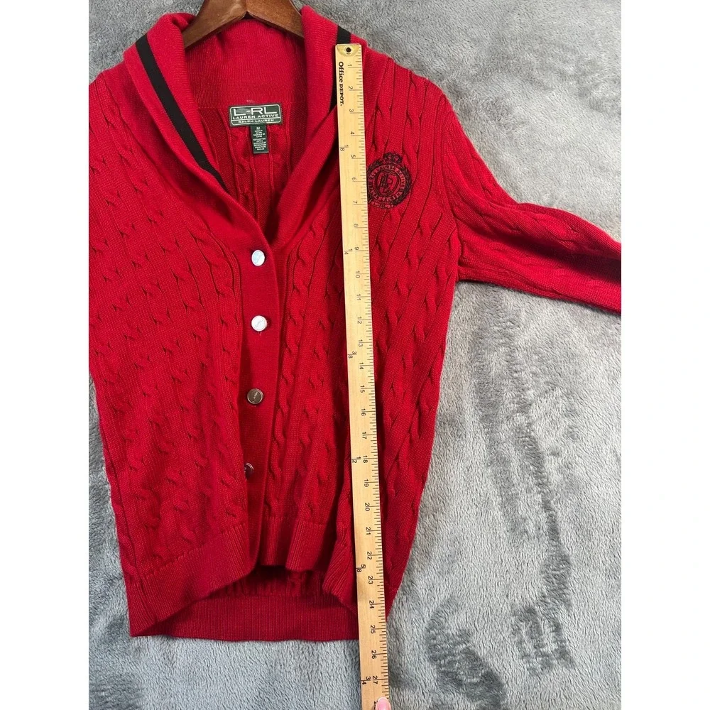 Lauren Ralph Lauren Active Cardigan Sweater Womens Medium Red Crest Cable Knit - Picture 11 of 11